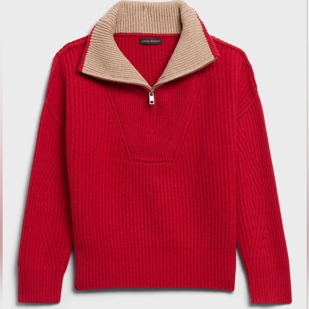 Banana Republic Red and Tan Half Zip Sweater